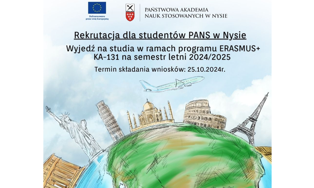 Rekrutacja dla studentów PANS w Nysie na studia ERASMUS+ kraje programu KA-131.  Nabór do 25.10.2024r.