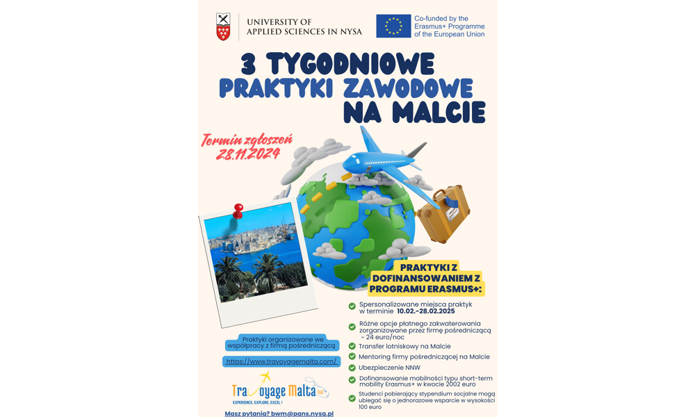 Otwarty nabór dla studentów PANS w Nysie na wyjazd na praktyki zawodowe na Malcie z dofinansowaniem z programu Erasmus+. Termin zgłoszeń 28.11.2024