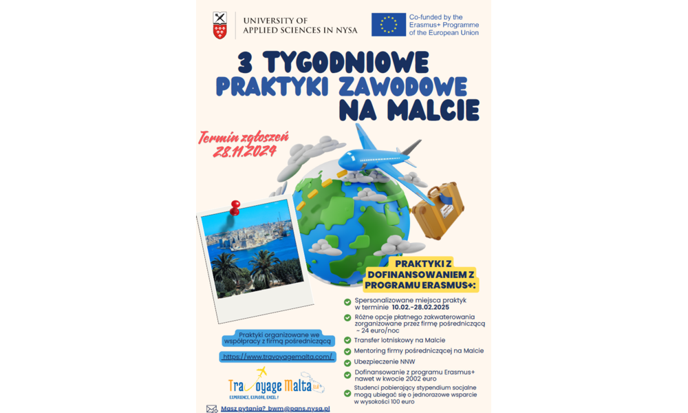 Otwarty nabór dla studentów PANS w Nysie na wyjazd na praktyki zawodowe na Malcie z dofinansowaniem z programu Erasmus+. Termin zgłoszeń 28.11.2024