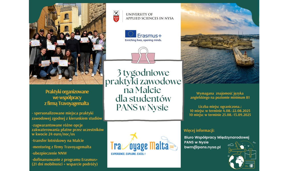 Otwarty nabór dla studentów PANS w Nysie na wakacyjne praktyki zawodowe na Malcie! Termin rekrutacji: do 15 maja 2025 r.