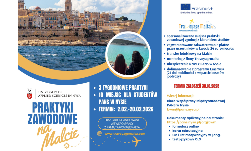 Otwarty nabór dla studentów PANS w Nysie na 3 tygodniowe praktyki zawodowe na Malcie w terminie 2.02.-20.02.2026. Termin rekrutacji: do 30 października 2025. Liczba miejsc ograniczona!