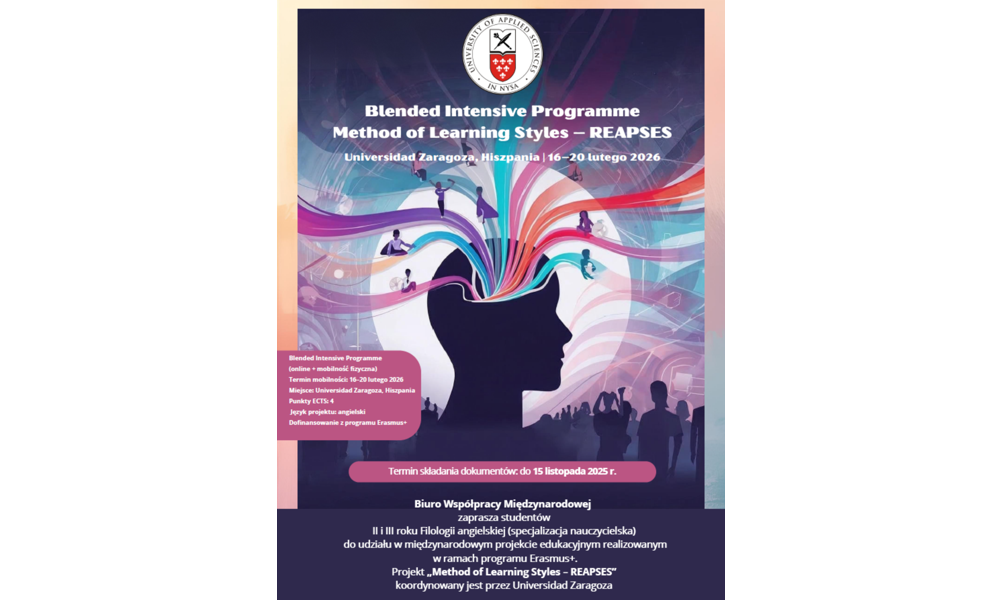 REKRUTACJA DO MIĘDZYNARODOWEGO PROJEKTU EDUKACYJNEGO BIP DLA STUDENTÓW FILOLOGII ANGIELSKIEJ PANS W NYSIE „Method of Learning Styles – REAPSES” w Universidad Zaragoza w Hiszpanii. Termin rekrutacji: do 15.11.2025 r.