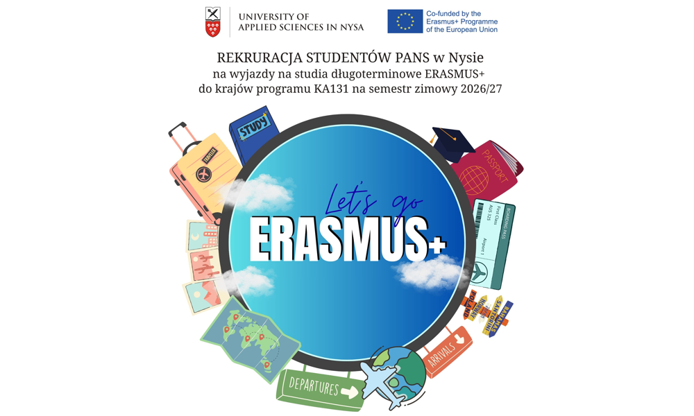 Rekrutacja dla studentów PANS w Nysie na wyjazdy na studia długoterminowe ERASMUS+ do krajów programu KA131 w semestrze zimowym 2026/2027. Nabór do 10.03.2026 r.