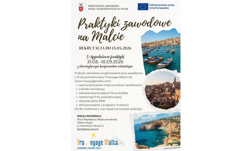 Otwarty nabór dla studentów PANS w Nysie na praktyki zawodowe na Malcie w terminie 31.08.-18.09.2026. Termin rekrutacji: do 15 maja 2026.