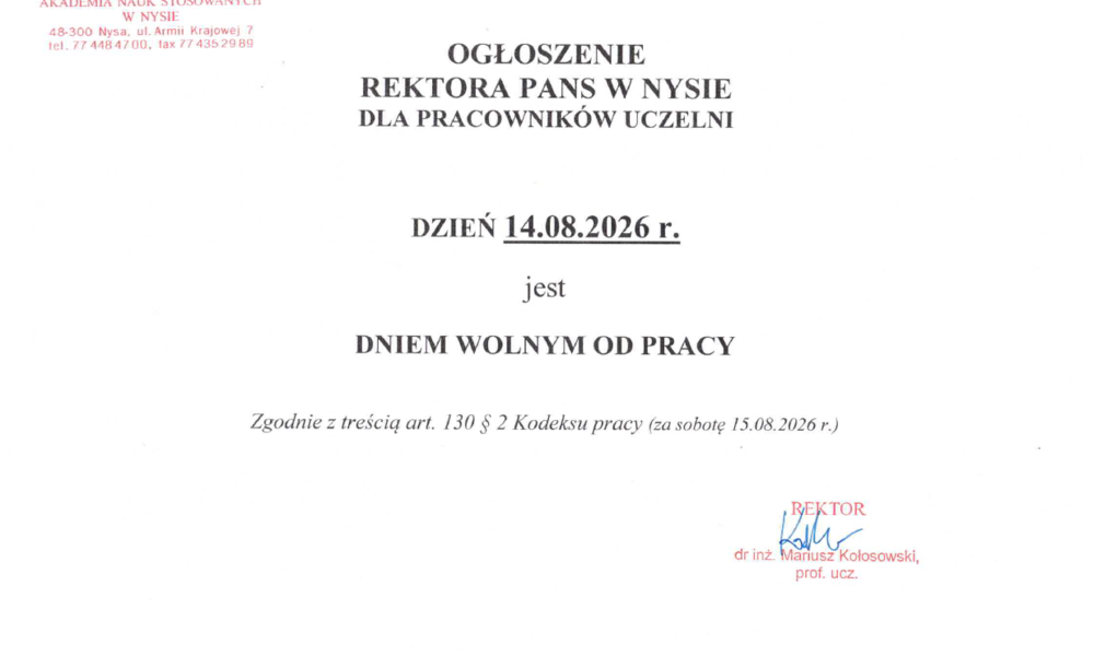 OGŁOSZENIE REKTORA PANS W NYSIE DLA PRACOWNIKÓW UCZELNI