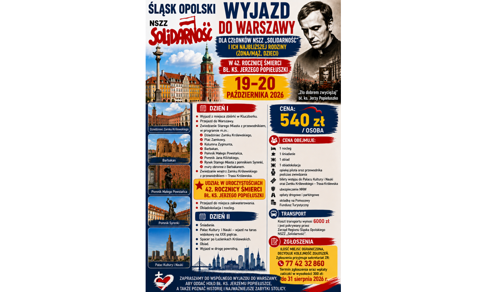 Wyjazd do Warszawy 19-20 października - 42. rocznica śmierci bł. ks. J. Popiełuszki