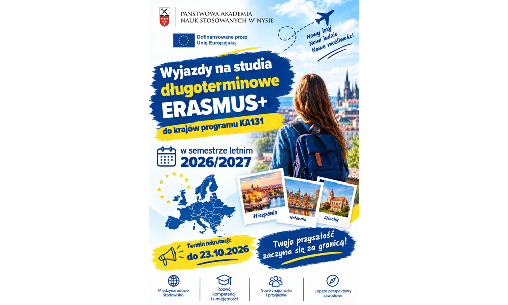 Rekrutacja dla studentów PANS w Nysie na wyjazdy na studia długoterminowe ERASMUS+ do krajów programu KA131 w semestrze letnim 2026/2027. Nabór do 23.10.2026 r.