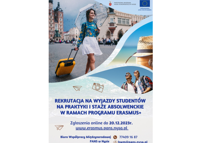 Rekrutacja na wyjazdy studentów na praktyki i staże absolwenckie w ramach programu Erasmus+. Zgłoszenia do 20.12.2023r.