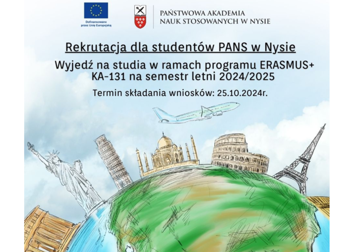 Rekrutacja dla studentów PANS w Nysie na studia ERASMUS+ kraje programu KA-131.  Nabór do 25.10.2024r.