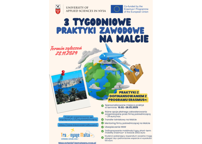 Otwarty nabór dla studentów PANS w Nysie na wyjazd na praktyki zawodowe na Malcie z dofinansowaniem z programu Erasmus+. Termin zgłoszeń 28.11.2024