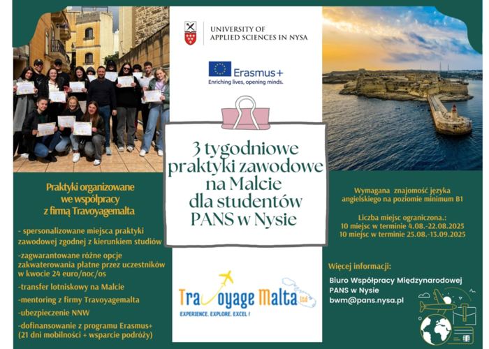Otwarty nabór dla studentów PANS w Nysie na wakacyjne praktyki zawodowe na Malcie! Termin rekrutacji: do 15 maja 2025 r.