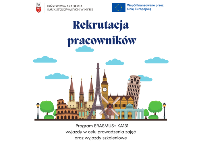 Rekrutacja na wyjazdy pracowników w celu prowadzenia zajęć oraz wyjazdy szkoleniowe w ramach umowy Erasmus+ 2024-1-PL01-KA131-HED-000201578 z terminem realizacji do 30.06.2026 r.