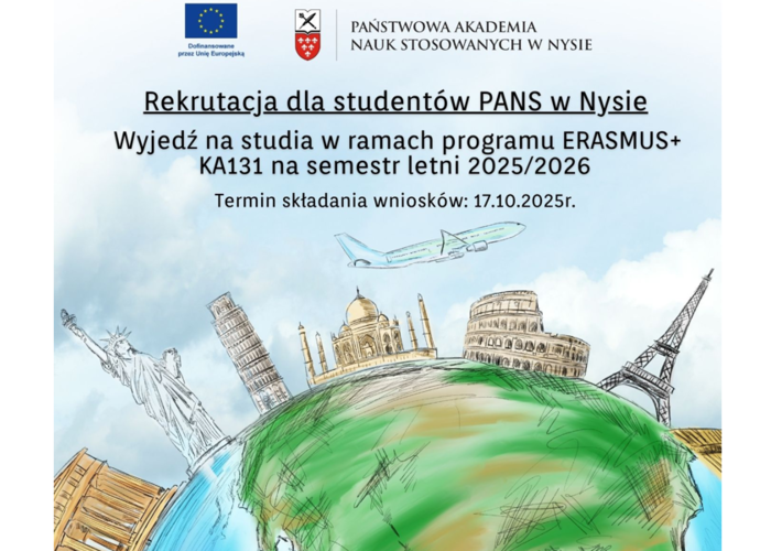 Rekrutacja dla studentów PANS w Nysie na wyjazdy na studia długoterminowe ERASMUS+ do krajów programu KA131 w semestrze letnim 2025/26. Nabór do 17.10.2025r.