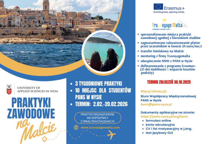 Otwarty nabór dla studentów PANS w Nysie na 3 tygodniowe praktyki zawodowe na Malcie w terminie 2.02.-20.02.2026. Termin rekrutacji: do 30 października 2025. Liczba miejsc ograniczona!