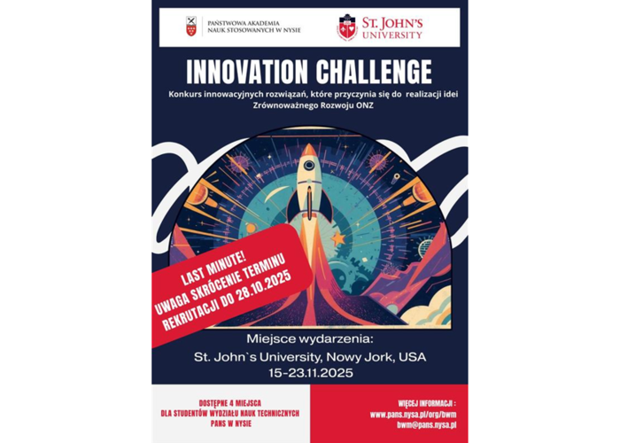 UWAGA!!! ZMIANU TERMINU REKRUTACJI do 28 października 2025r. Rekrutacja dla studentów PANS w Nysie do udziału w St John's Innovation Challenge 2025 w Nowym Jorku!