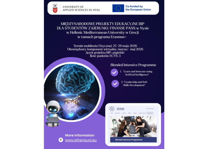 REKRUTACJA DO MIĘDZYNARODOWYCH PROJEKTÓW EDUKACYJNYCH BIP DLA STUDENTÓW Z KIERUNKU FINANSE PANS w Nysie  zorganizowane przez Hellenic Mediterranean University w Grecji.  Termin rekrutacji: 30.01.2026