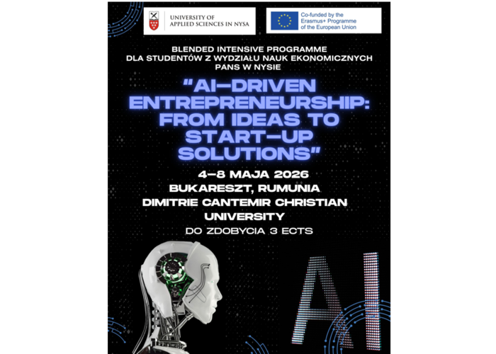 Rekrutacja do międzynarodowego programu BIP Erasmus+ w Rumunii dla studentów kierunku Finanse i rachunkowość “AI-Driven Entrepreneurship: From Ideas to Start-Up Solutions” Termin zgłoszeń do 4 marca 2026 r.