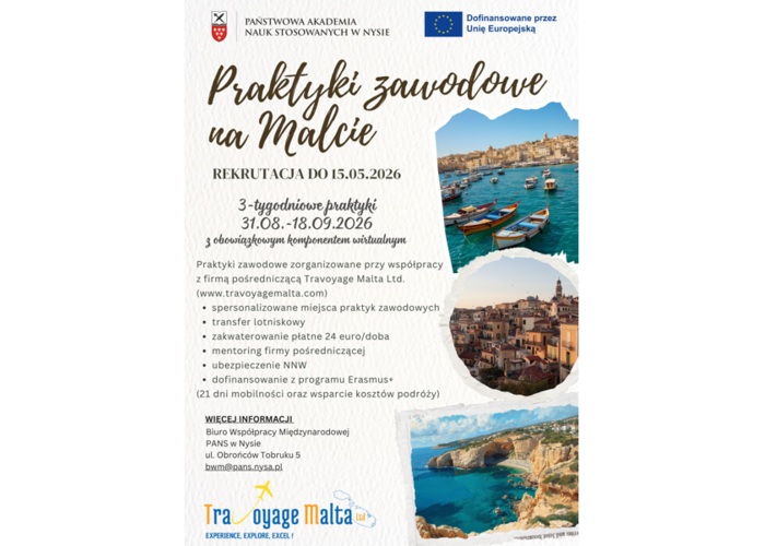 Otwarty nabór dla studentów PANS w Nysie na praktyki zawodowe na Malcie w terminie 31.08.-18.09.2026. Termin rekrutacji: do 15 maja 2026.