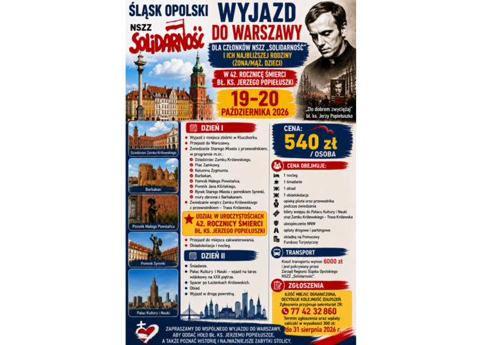 Wyjazd do Warszawy 19-20 października - 42. rocznica śmierci bł. ks. J. Popiełuszki