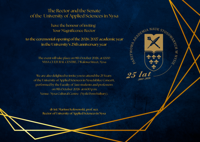 Invitation to the Ceremonial Inauguration of the 2026/2027 Academic Year held in celebration of the 25th Anniversary of the University of Applied Sciences in Nysa