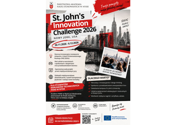 Rekrutacja studentów PANS w Nysie z Wydziału Nauk Technicznych do udziału w St. John’s Innovation Challenge 2026 w Nowym Jorku! Termin rekrutacji: 26.10.2026 r.